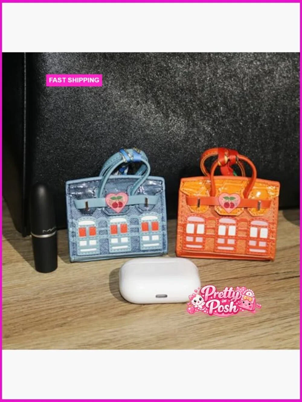 Faux Leather Mini Tote Bag Charms Keychain Pouch Set